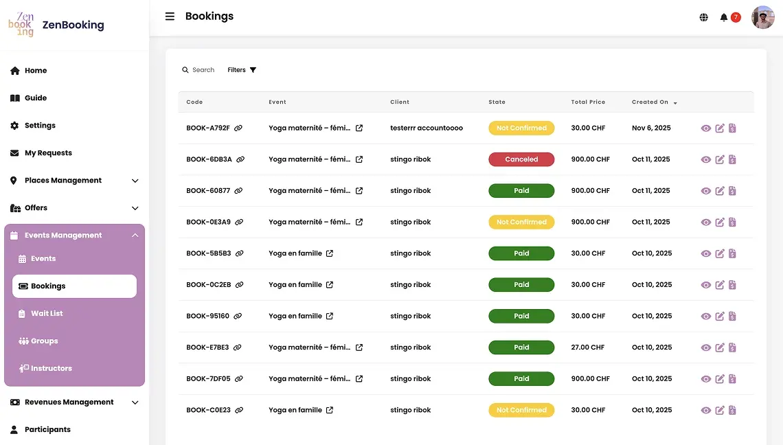 ZenBooking screen
